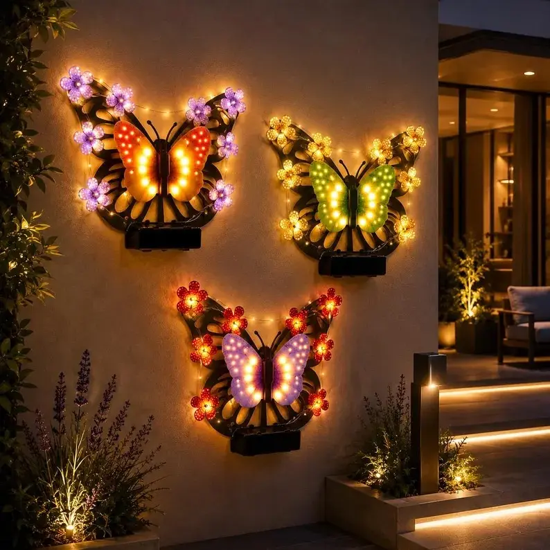 Whimsical Cordless Solar Butterfly Wall LED Light - Metal Frame Waterproof Garden Sculpture, Sunlight-Charged Patio Outdoor Decor, Home Improvement Ornament, Led Lights