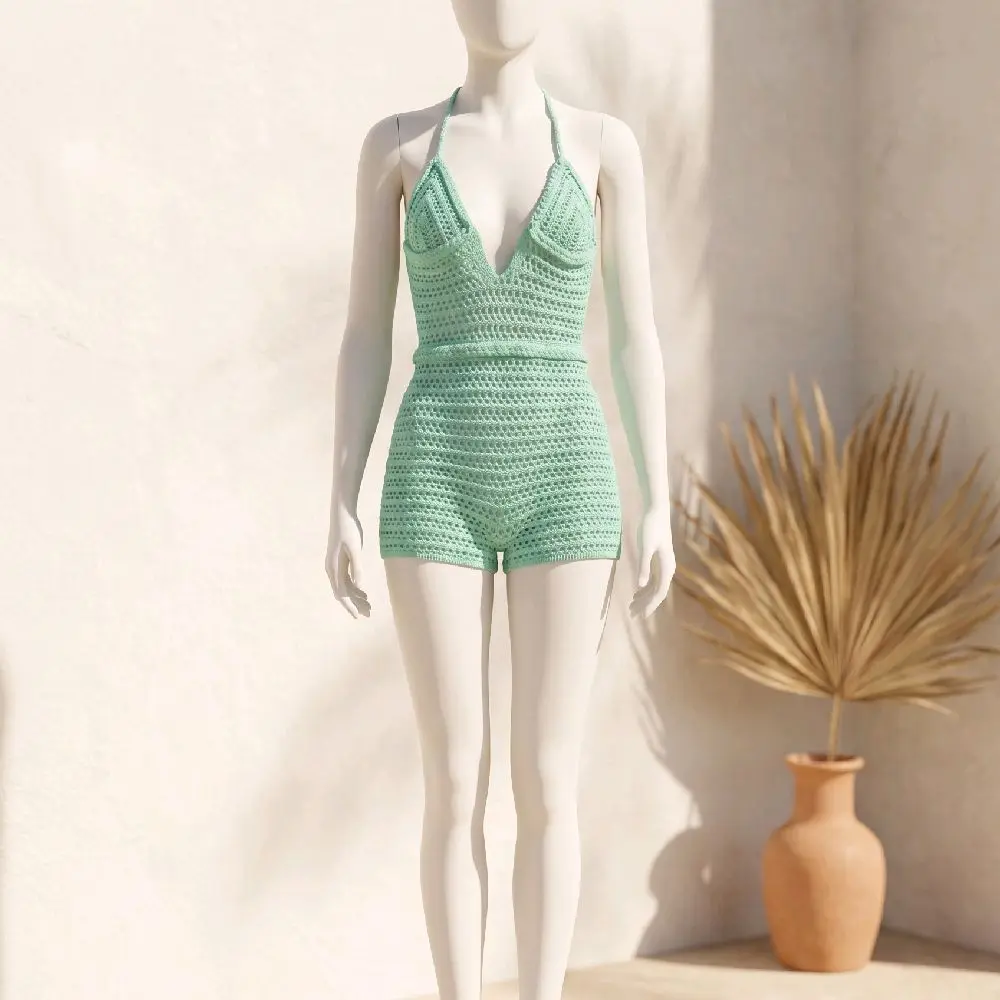Mint Green Crochet Shorts Romper, Cute Summer Outfit for Women