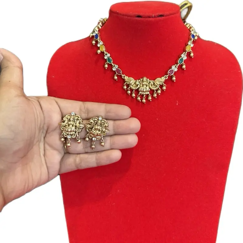 Women's Traditional South Asian Indian Multi-Color Temple Jewelry Set, Ethnic-Inspired Colorful Jewelry Set with Matching Earrings, Ethnic-Inspired Jewelry Sets, Colorful Jewelry Sets