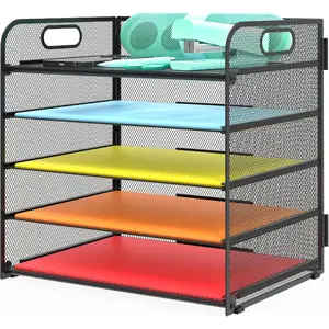Letter Tray Paper Organizer 5-Tier Desk Organizer File Organizer Paper Holder with Handle, Metal Desktop Document Shelf Tray Office Classroom Organization - Black