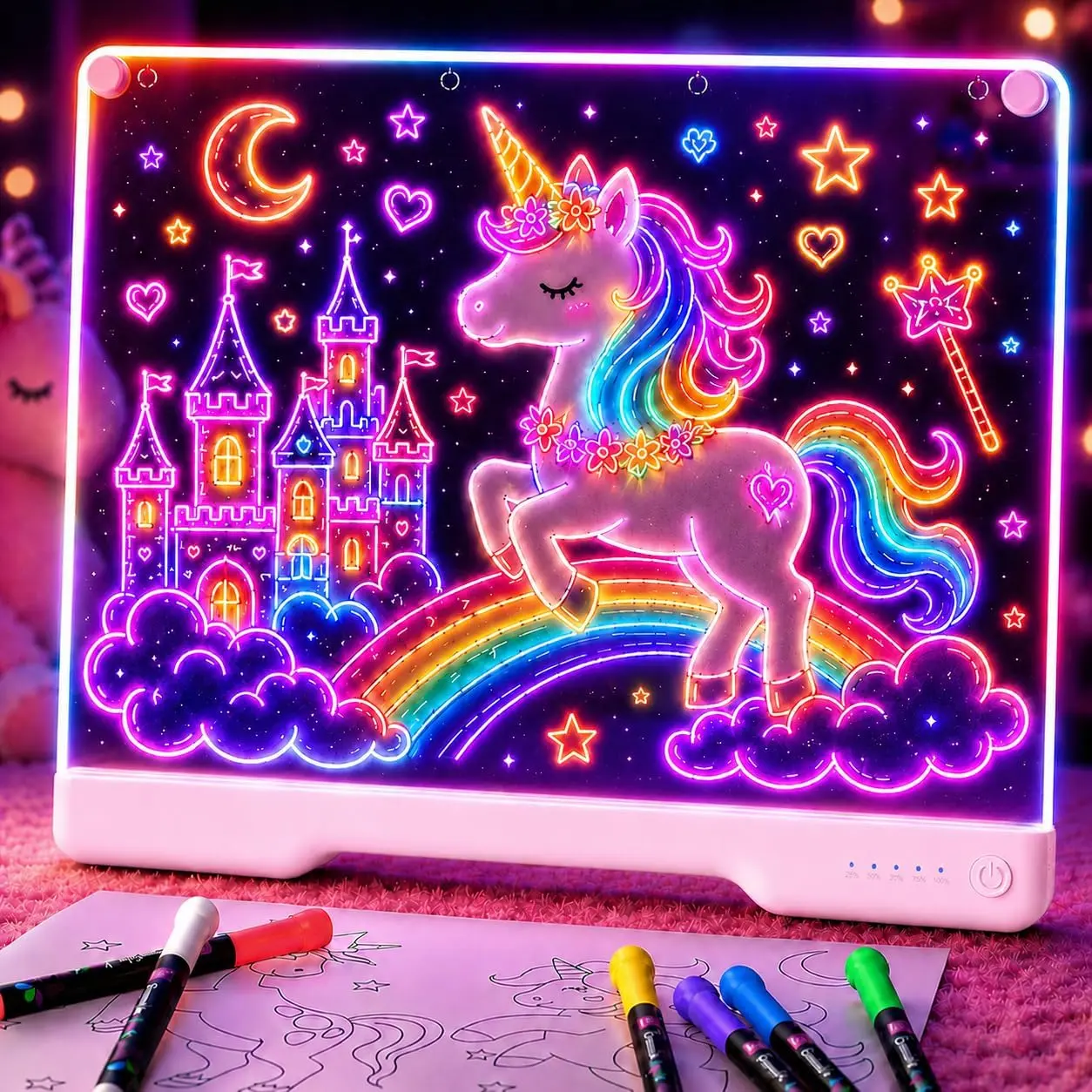16" Rechargeable LED Light-Up Drawing Board Art Kit - 9 Neon Color Light Modes, Dry Erase Glow Pad, Built-In Stand, 7 Markers, Tracing Book | Creative Play Toy for Girls/Boys, Teens