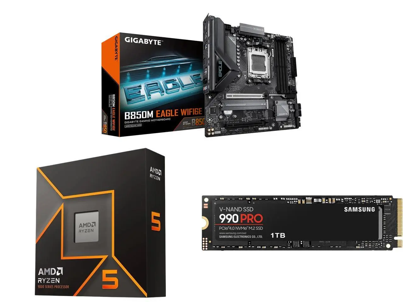GIGABYTE B850M EAGLE WIFI6E AMD AM5 Motherboard, M-ATX, DDR5, 2x M.2, PCIe 5.0, USB-C, USB 3.2 Gen 2, 2.5GbE LAN, EZ-Latch AMD Ryzen 5 9600X 6-Core 3.9 GHz, Radeon Graphics SAMSUNG 990 PRO SSD 1TB PCIe 4.0 M.2 2280