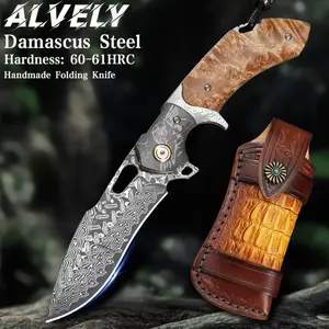 ALVELY Handmade Damascus Steel Folding Pocket Knife with Leather Sheath, White Shadow Wood Handle, Outdoor Camping EDC Knife, Great for Travel, Daily Carry and Gift