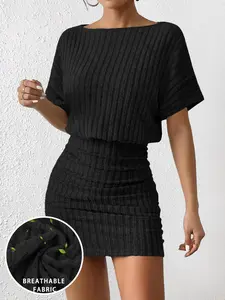 Women's Striped Ribbed Knit Breathable Fabric Dress with Fitted Bodycon Design, Short Batwing Sleeve and Ruching for Summer Spring Fall Casual Wear, Womenswear