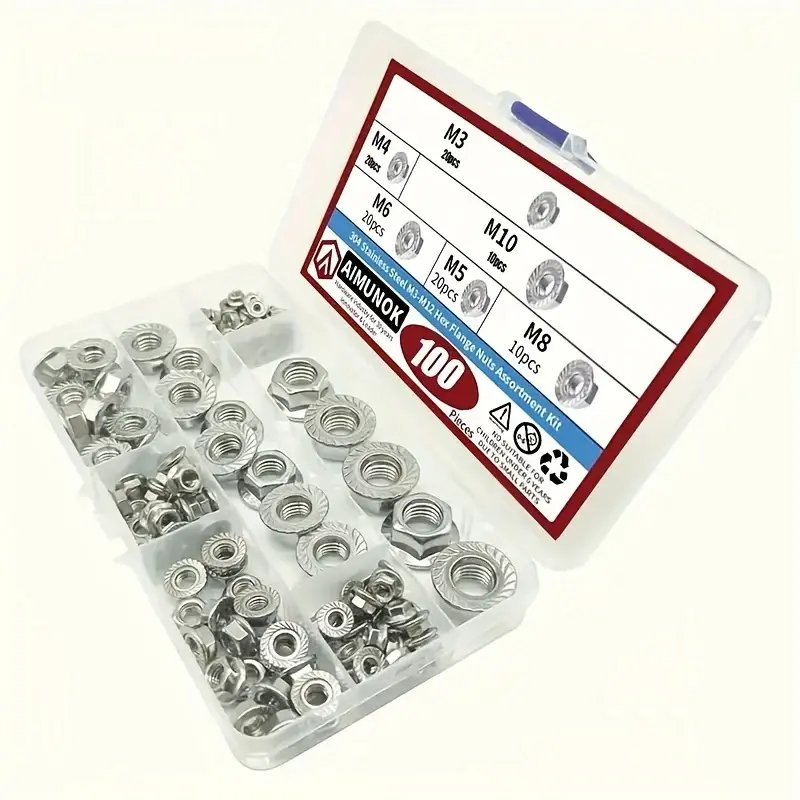 100pcs 304 Stainless Steel Flange Nuts Assortment Kit with Storage Box – Serrated Metric Insert Hex Lock Nuts M3, M4, M5, M6, M8, M10 – Secure Fastening & Corrosion Resistant Hardware Set