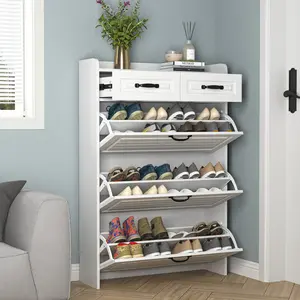 Spaco Freestanding Drawer Shoe Rack Organizer - Waterproof, High-Quality MDF Panel Cupboard with Minimalist Flip-Doors, Striped Design, Durability, Space-Maximizing Hallway Furniture for Entrances, Bedrooms