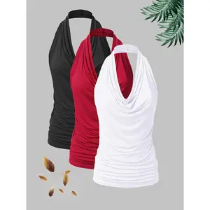 3-Pack Women'S Fashion Halter Neck Tanks, Casual Solid Color Knit Polyester Vests, 95% Polyester 5% Elastane, Lightweight 210g/m2 Fabric, Spring/Summer/Fall Collection tubetops