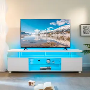 Long Glass TV Stand for Living Room Bedroom Home Office Supports 50/55/60 Inch TV with Modern Design and Storage Features