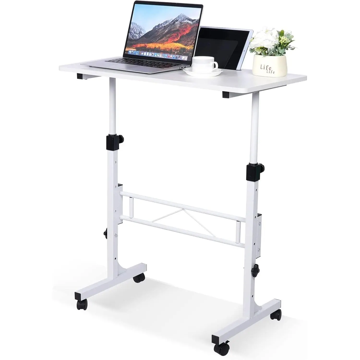 Height Adjustable Standing Desk, Mobile Sit Stand Desk with Wheels, Portable Rolling Laptop Desk for Home Office, White 31.5"×16" Adjustable Height 27"-43.5"
