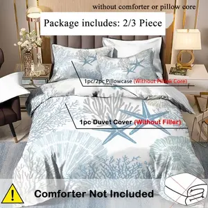 Cartoon Simple Elegant Ocean Blue Starfish Shell Coral Print Bedding Set, 2 Piece/3 Piece, No Filling, for Bedroom and Guest Room