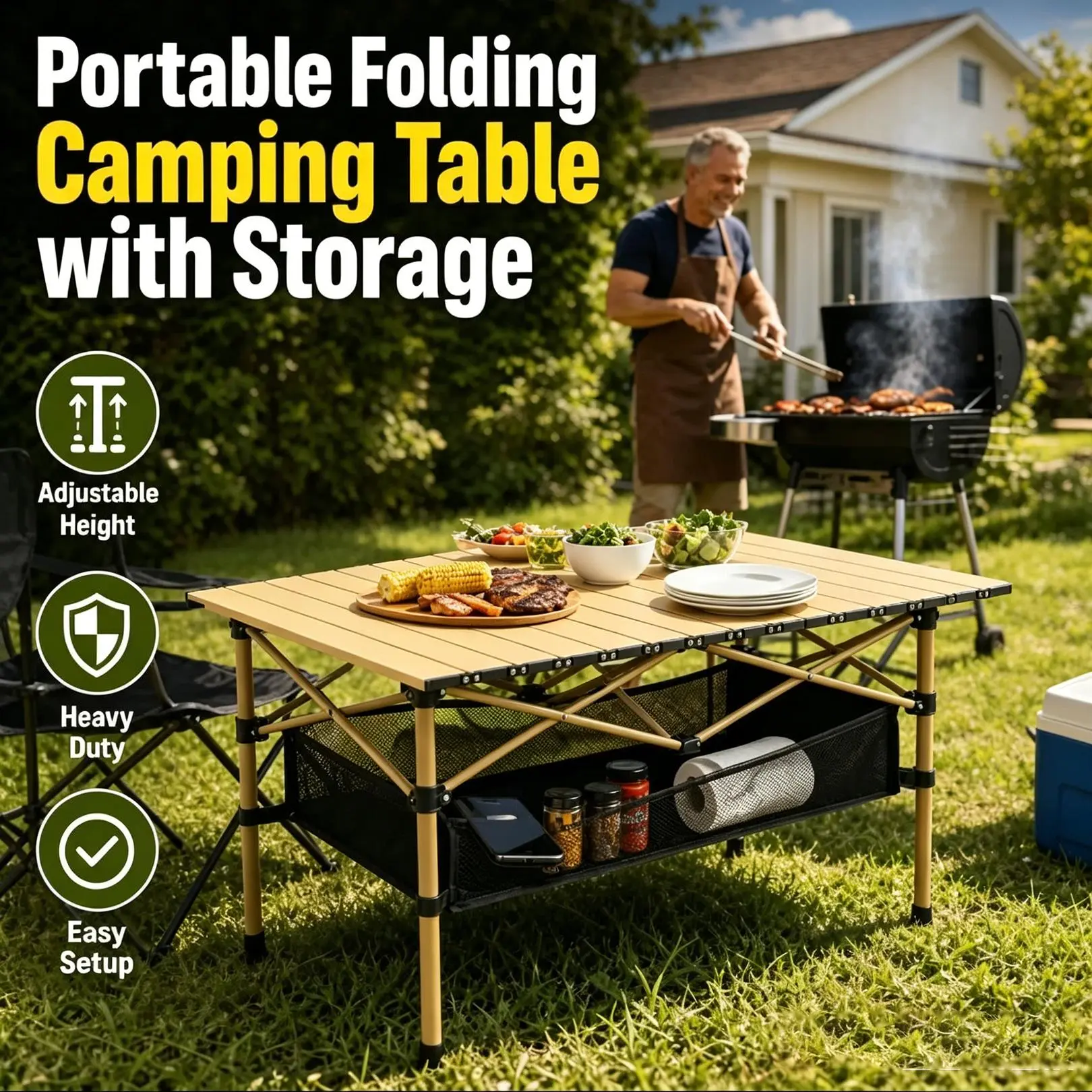 Foldable Adjustable-Height Camping Utility Rack Table - Compact Portable Outdoor Dining Table with Large Bag, Easy to Store & Carry, Ideal for Outdoor Events, Backyard Use