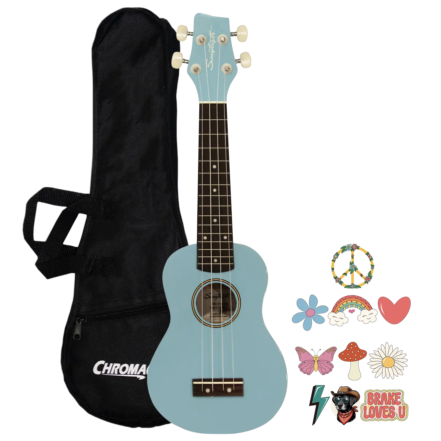 Sawtooth Daphne Blue Basswood Soprano Ukulele w Gig Bag and Official Brake Stickers