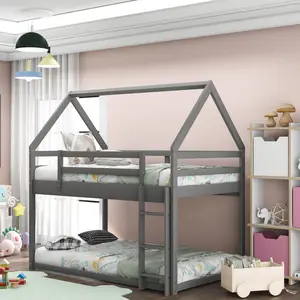 [Bellemave]Twin over Twin Low Bunk Bed, House Bed with Ladder , Gray(OLD SKU:WF197808AAE)