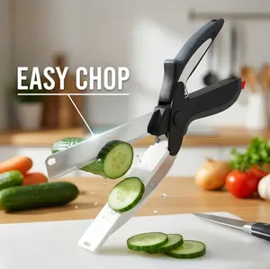 2 in 1 Kitchen Scissors for Food- Stainless SteelBlade & Plastic Cutting Board Scissors withSafety Lock 9.6" Tomato Knife, Fruit &Vegetable Cutter -Easy-to-Use Kitchen Shearsfor Meat, Cheese, Holiday Gift
