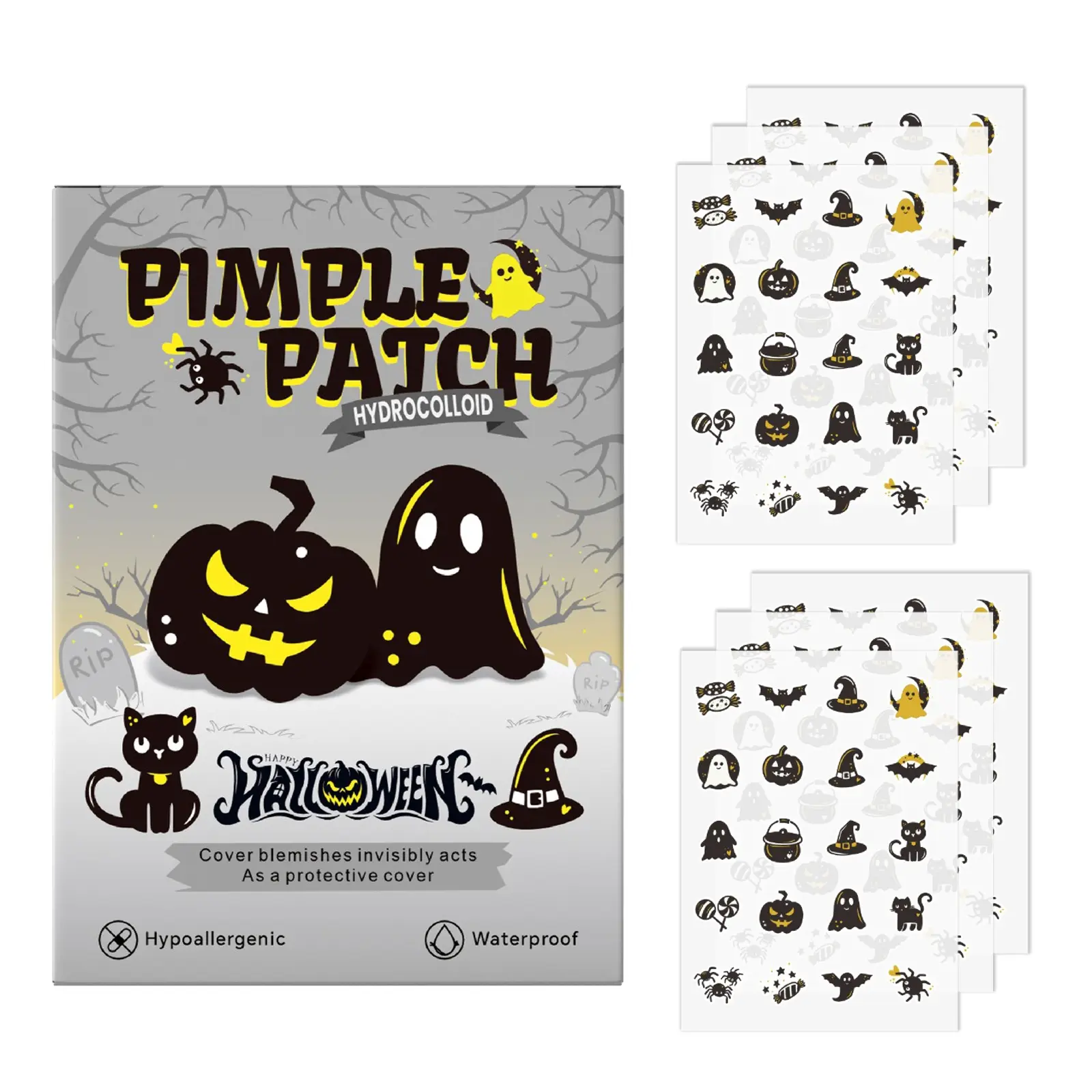 120pcs Halloween Acne Cover Stickers, Acne Spot Stickers, Acne Pimple Patch, Acne Patches For Face, Box Packaging, Witch Hat Design, Pumpkin Elements, Facial Care Products for Women & Men