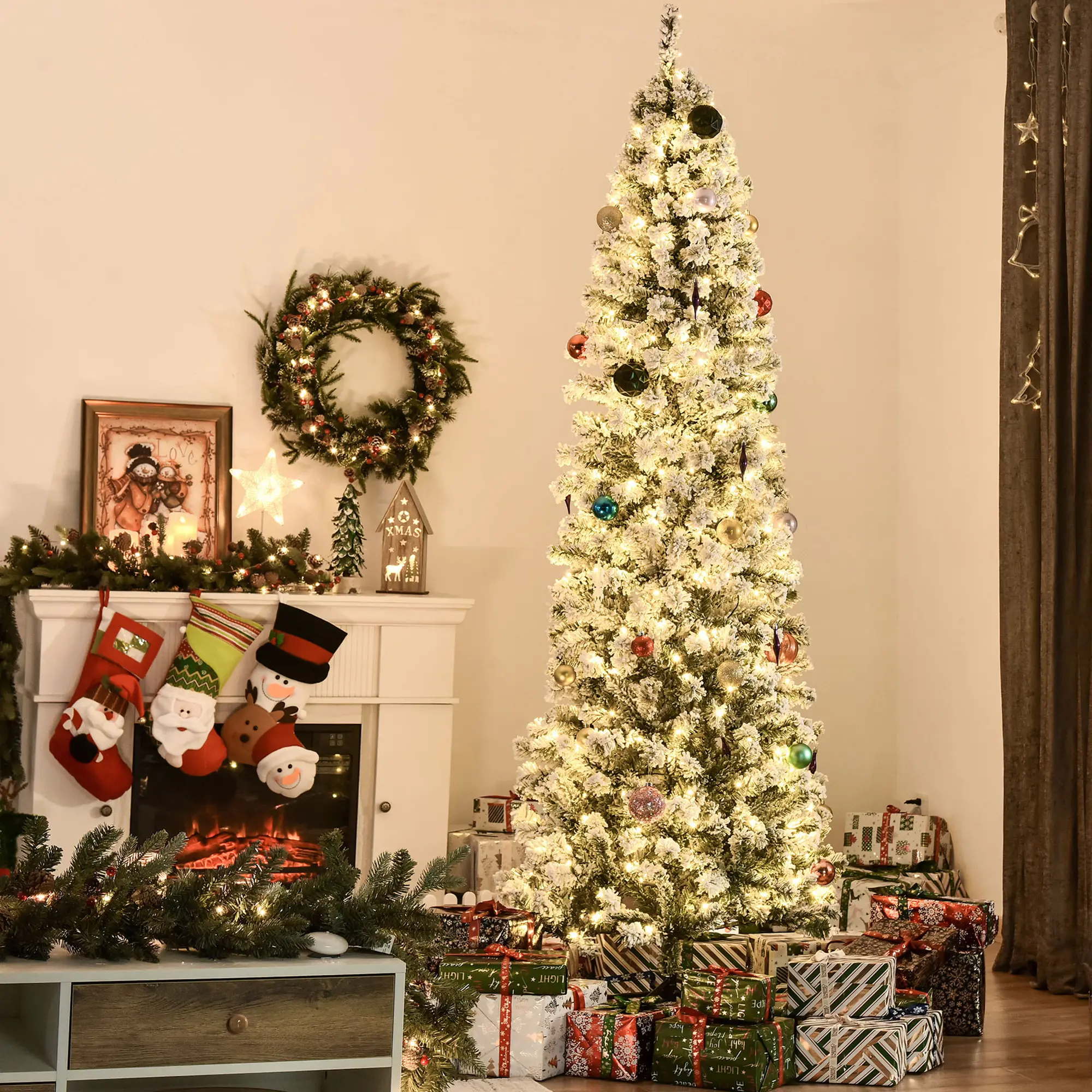 HOMCOM Pre-Lit Snow-Flocked Slim Plastic Douglas Fir Artificial Christmas Tree, 6ft/7.5ft Height, Realistic Detachable Branches, 250/350 Built-In LEDs, 462/641 Tips, Indoor Holiday Home Decoration, Christmas Ornaments, Home Decor Ornaments