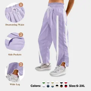 Women's Baggy Wide Leg Pants Casual Drawstring Elastic Waisted Contrast Color Workout Y2K Track Pants Crop Top Comfort FallFreshness Lightweight Outdoor outfit cuffed wide leg sweatpants joggers #TikTokShopJumpstartSale Fitted Parachute sweatpants
