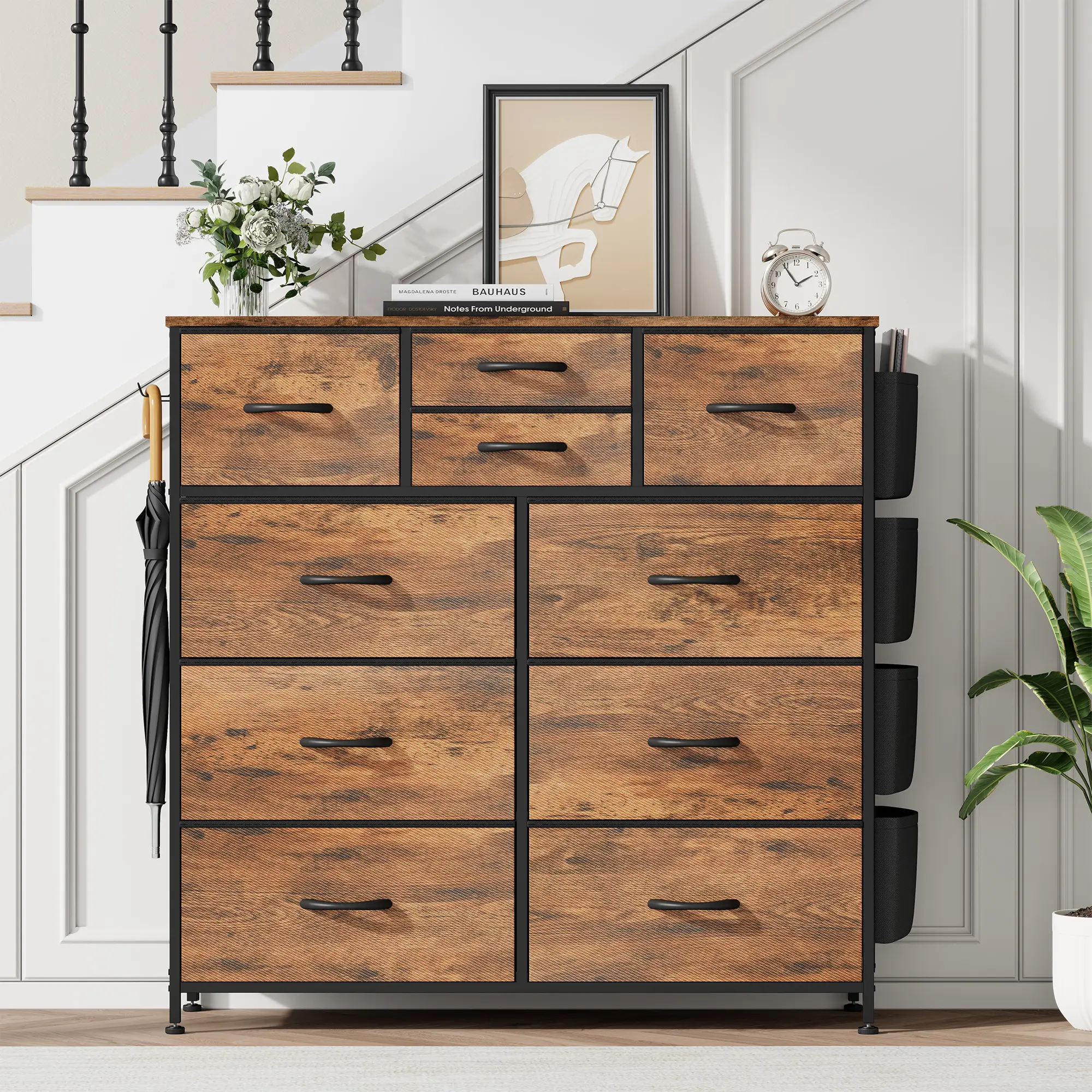 【FallDealsForYou】AOWOS 10 Drawer Dresser for Bedroom, Storage Drawer, Side Pockets and Hooks, Sturdy Metal Frame, Wooden Top, Cupboards & Cabinets, Fa
