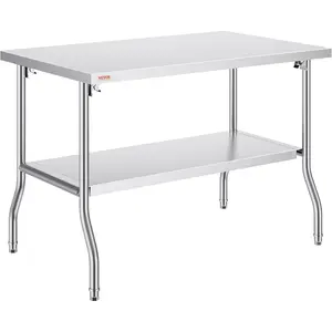 VEVOR Commercial Worktable Workstation 48x30 Inch Folding Commercial Prep Table, Double-Shelf Stainless Steel Folding Table, Kitchen Work Table with 772 lbs Load Silver Stainless Steel Kitchen Island
