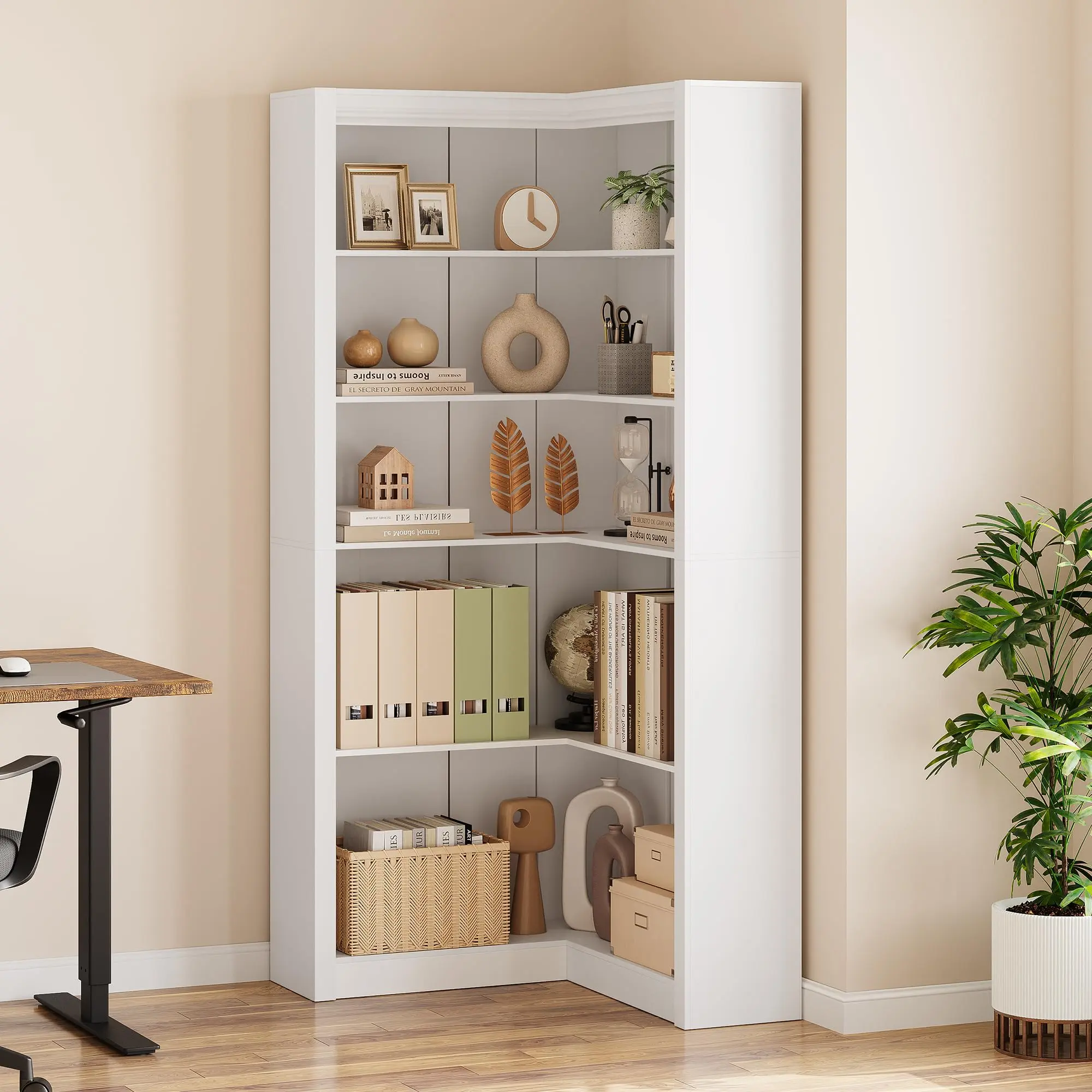 72" 5-Tier L-Shaped Industrial Freestanding Corner Deep Bookshelf with Bookshelf Storage, Engineered Wood Family Friendly Home Library Shelf for Living Room, Home Office, Includes Anti-Tip Kit for Book Organization
