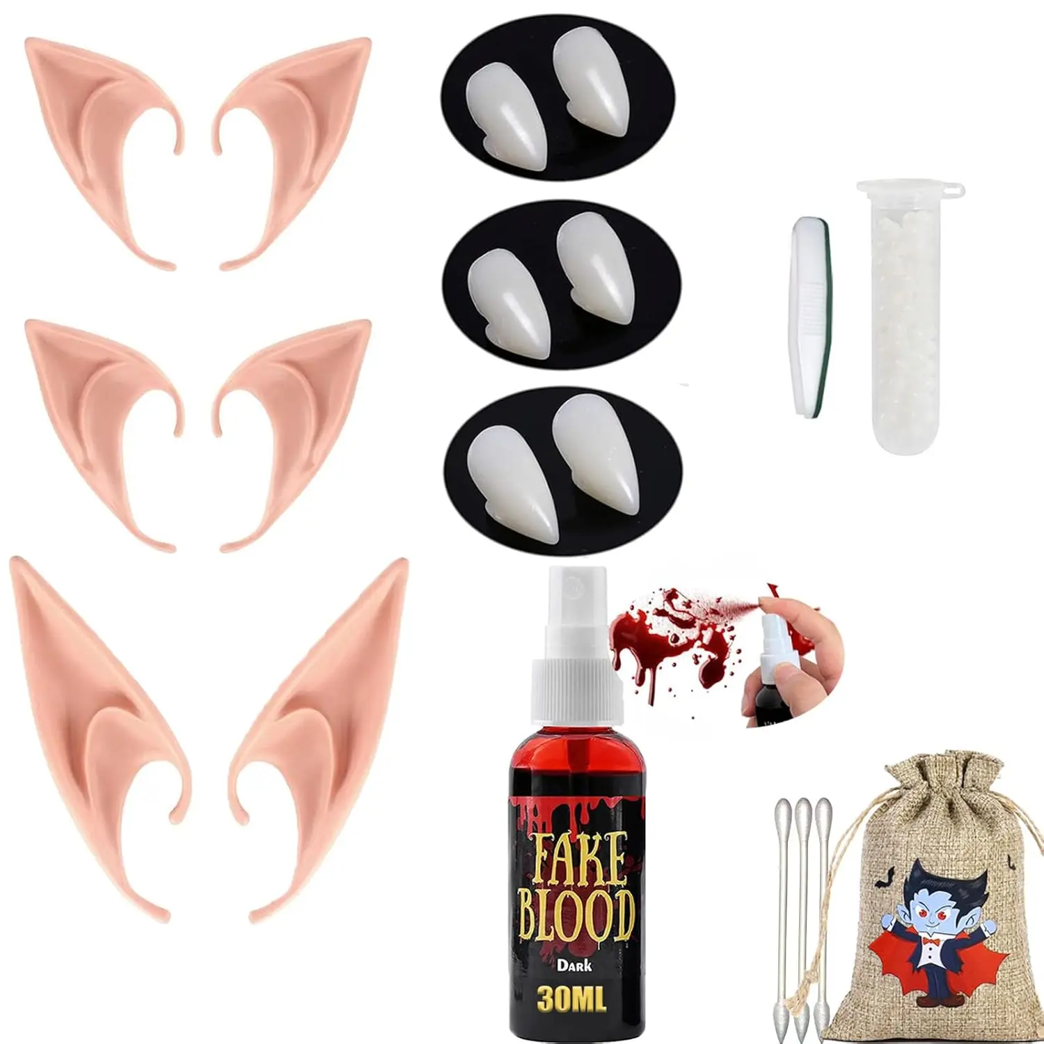 Vampire Teeth Fangs Elf Ears, 3 Pairs of Fake Teeth Props and Fairy Ears Cosplay Accessories Dress Up Costumes for Halloween Masquerade Party