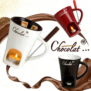 Chocolate Fondue Mug with Fork - Ceramic Heat Resistant Melting Cup, Candle & Microwave-Safe, Perfect for Home Kitchen/Date Night, Valentine's Day/Birthday Gift, Floral Gift Mug