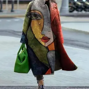 Women’s Autumn Printed Wool Long Overcoat with Turn-Down Collar and Long Sleeves