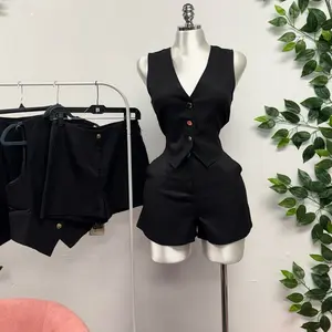 Premium Textured Twill Darted Shorts and Vest - Womenswear, Black, Versatile Design for Everyday Wear - Clothes