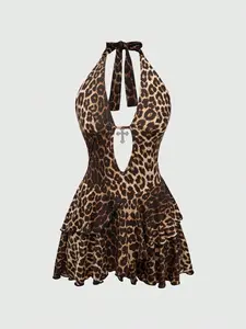 Kawaii Women's Y2K Gyaru Sexy Harajuku Cross Decor Halter Leopard Print Mini Dress