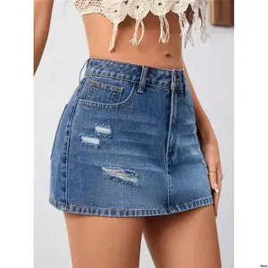 tiktokFrenchySolidColorRippedPocketBodyconSummerCasualDenimMiniSkirt