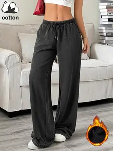 Washed cotton plus velvet casual sports trousers, simple solid color, elastic waist drawstring wide leg straight trousers, autumn and winter pocket plus velvet women's trousers Pants