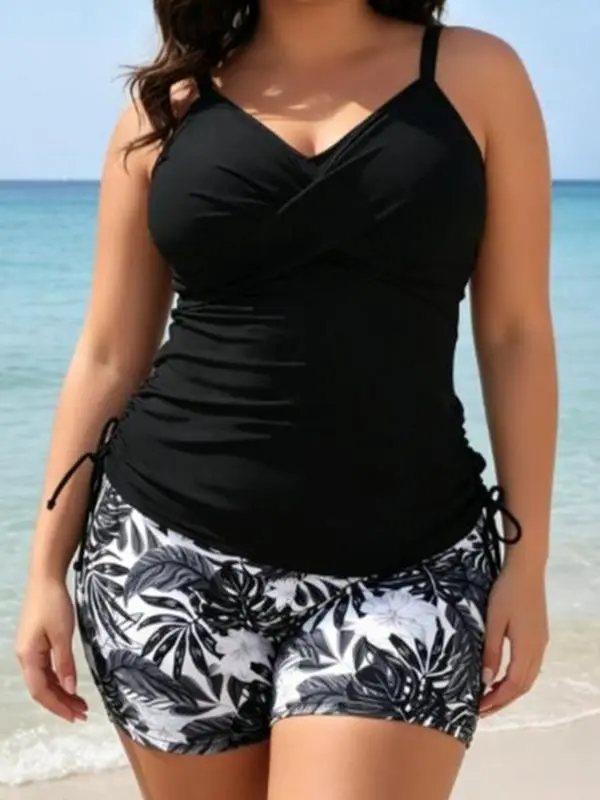 Women's Plus Size Tankini Suit, 2-Piece Set with Ruched Wrap Drawstring Top & Palm Print Shorts, Curve Friendly Modest Swimwear, 3XL, Bathing Suit, Bathing Suits, Plus Size Clothes