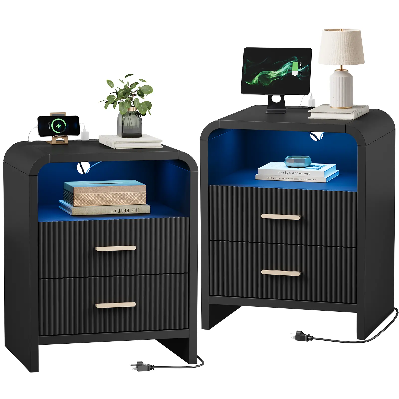 LGHM Nightstand Sets of 2 ,Drawer Fluted Nightstand with LED Lighted Charging Dresser, Adjustable RGB LED Nightstand, Bedside Table with USB C & USB Ports, Curved Storage End Table for Bedroom