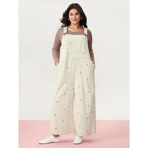 BLOOMCHIC Plus Size Overalls Jumpsuit - Tiny Heart Embroidery, Adjustable Straps, Sizes - [M-6X]2026 Summer Vibes