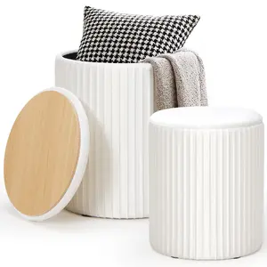 2-Piece Round Storage Ottoman Set - Velvet Vanity Stool with Storage, Green Small Footstool for Bedroom & Living Room, Multi-Use Coffee Table Ottoman, Beige