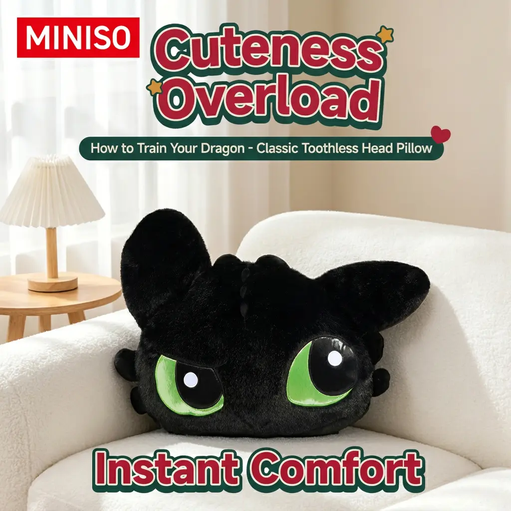 MINISO How to Train Your Dragon Classic Replica Series Toothless Head Shaped Soft Ultra-Soft Collectible Unisex Plush Lounger Pillow, Expressive Cushion, Perfect Gift for HTTYD Fans, Ideal for Couch & Bed
