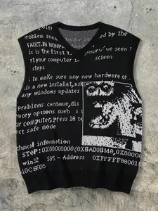 ANDREILEE Mens Knitting Vest - Polyester Casual V-Neck Medium-Length Sleeveless Top, Spring/Summer Tech Style, Blue Screen Error Code Themed Letters, Loose Fit Streetwear