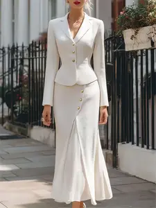 Elegant Woven Textured Buttoned Long Sleeve Waistcoat Jacket & Mid-Length Dress Women's Set, Womenswear, Suit, Fitted Slim Fit, Office Chic Formal, Sexy Commuting Everyday Daily Wear