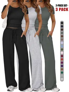 Women's Spring Summer Casual Everyday Basic Set, Round Neck Short Sleeve Top & Wide Leg Pants, Slim Fit Home Wear, 2 Piece Comfortable