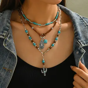 3pc Turquoise Stone Decor Necklace For Women Western Ethnic Style Trendy Jewelry