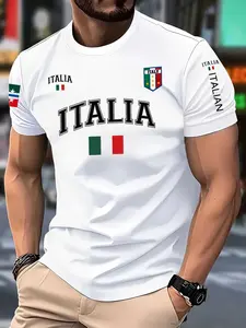 Men's Casual Graphic T-Shirt - "ITALIA" Text & National Emblem Design, Italy-Themed, Italian Apparel, Patriotic Top, Daily Wear, Travel Outfits, Soft Fabric, Slim Fit Tees for Italy Enthusiasts & Travelers