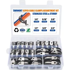 52PCS Cable Clamps Assortment Kit, 6 Sizes (1/4" to 3/4") Stainless Steel Rubber-Coated Cushioned Clamps, Insulated Pipe & Wire Holder for Automotive, Fuel Line, Hose, Tube