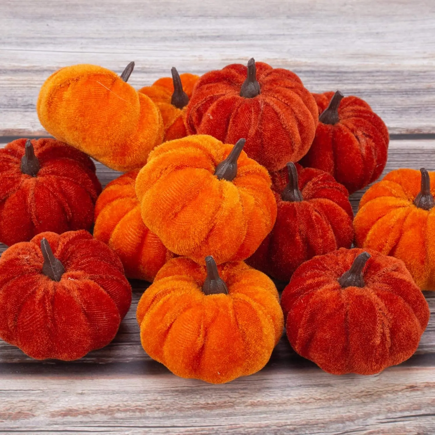 12-Pcs Soft Traditional Velvet Artificial Orange Pumpkin Decorative Fruit Ornaments - Fall Home Decor, Thanksgiving Table Farmhouse Supplies
