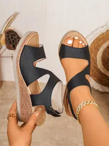 Women's Roman Sandals, Wedge Heeled Braided Height-Boosting Shoes, Open-Toe Casual Footwear, Beach Vacation Commute Shoes