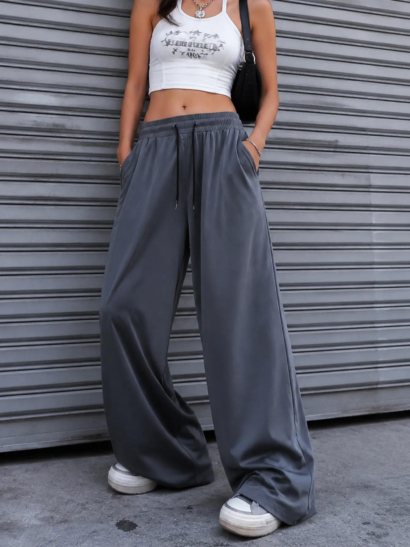 Women's Drawstring Wide-Leg Sweatpants, Casual High-Waist Loose Track Pants, Comfortable Pocket Lounge Bottoms，Y2K Casual Drawstring Track Pants, Relaxed Lounge Fit