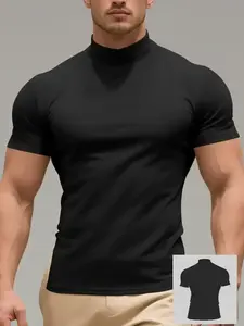 Men's Solid Color Turtleneck Sports Tee, Regular Fit Sporty Short Sleeve T-Shirt for Gym Workout Running, Men's Sport & Outdoor Clothing for All Seasons