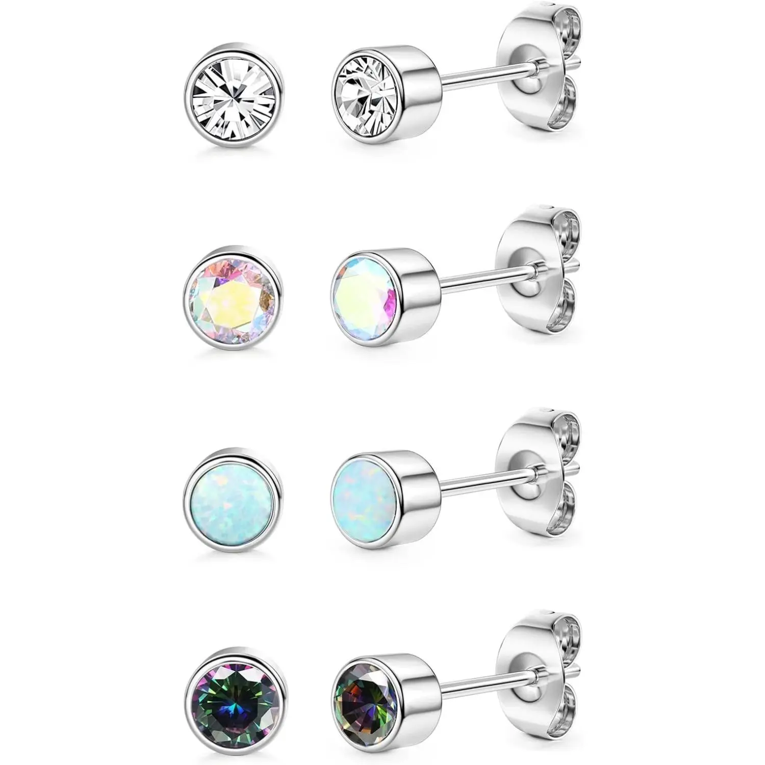 YADOCA 4 Pairs Titanium Earrings for Women Men Hypoallergenic Cubic Zirconia Opal Stud Earrings G23 Titanium Piercing Sleeper Cartilage Stud Earrings Set for Sensitive Ears 3/4/5MM
