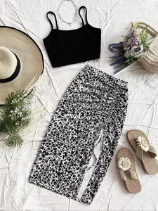 Women's Plain Cami Top & Ditsy Floral Print Ruched Drawstring Skirt, Casual Sleeveless Top & Skirt for Summer, Two-piece Women’s Sets, Womenswear