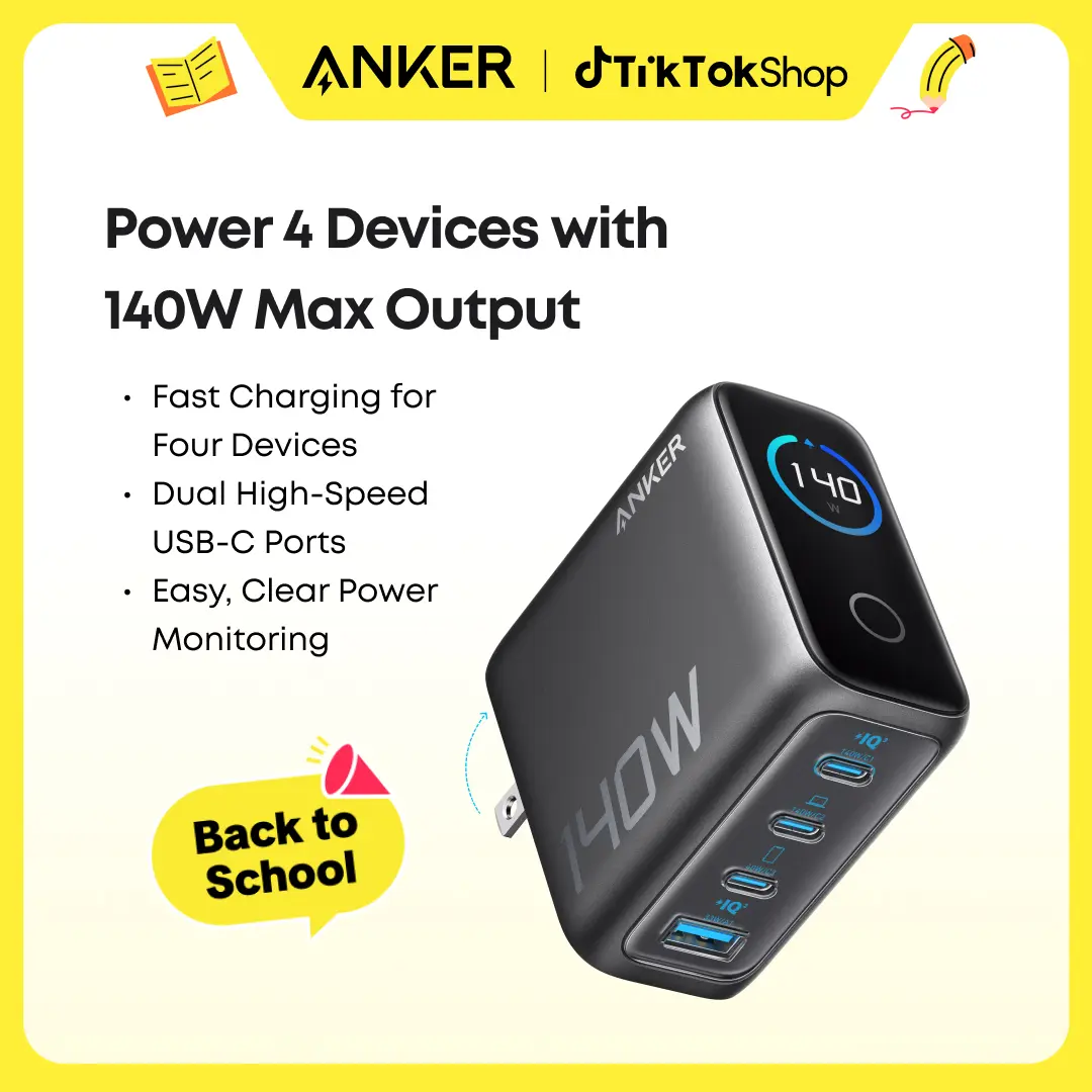 [Spotlight Live] Anker 140W Laptop Charger, 4-Port Multi-Device Charging, 140W Max USB-C Charger, Advanced GaN Power, Intuitive Touch Controls, for MacBook, iPhone 16 Series, Galaxy, Pixel, and More sohochic