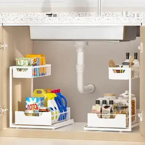 Under Sink Organizer, 2 Packs 2 Tier Under Sink Organizers and Storage, Slide Out Pull Out Cabinet Organizer Shelf, Metal Sliding Drawer for Kitchen Bathroom Pantry Cabinet Closet Organization Rack